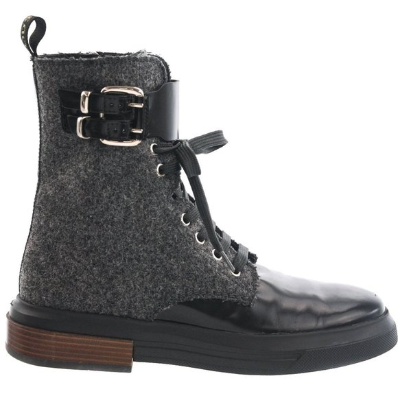 Tod's Shoes - TOD'S Black Leather Grey Wool Buckle Boots New Size 39 EU
